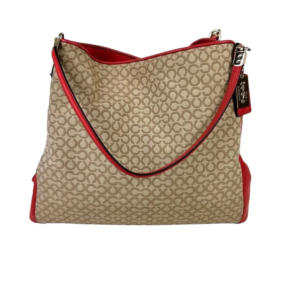 Coach Madison Needlepoint Op Art Shoulder Bag Phoebe Coral Red Monogram Logo